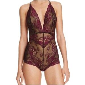 NWT Free People Women’s Lace Bodysuit Small Black Fuchsia Plunging V Romantic